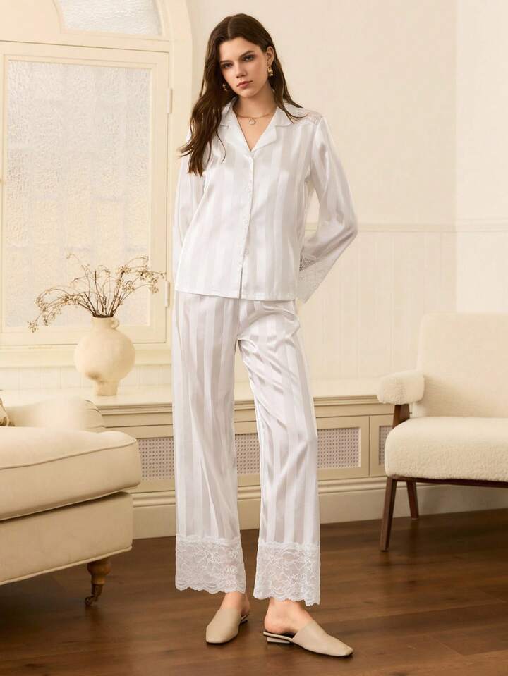 CM-LS918588 Women Trendy Seoul Style Lace Patchwork Striped Satin Collar Long Sleeve Pajama Set - White