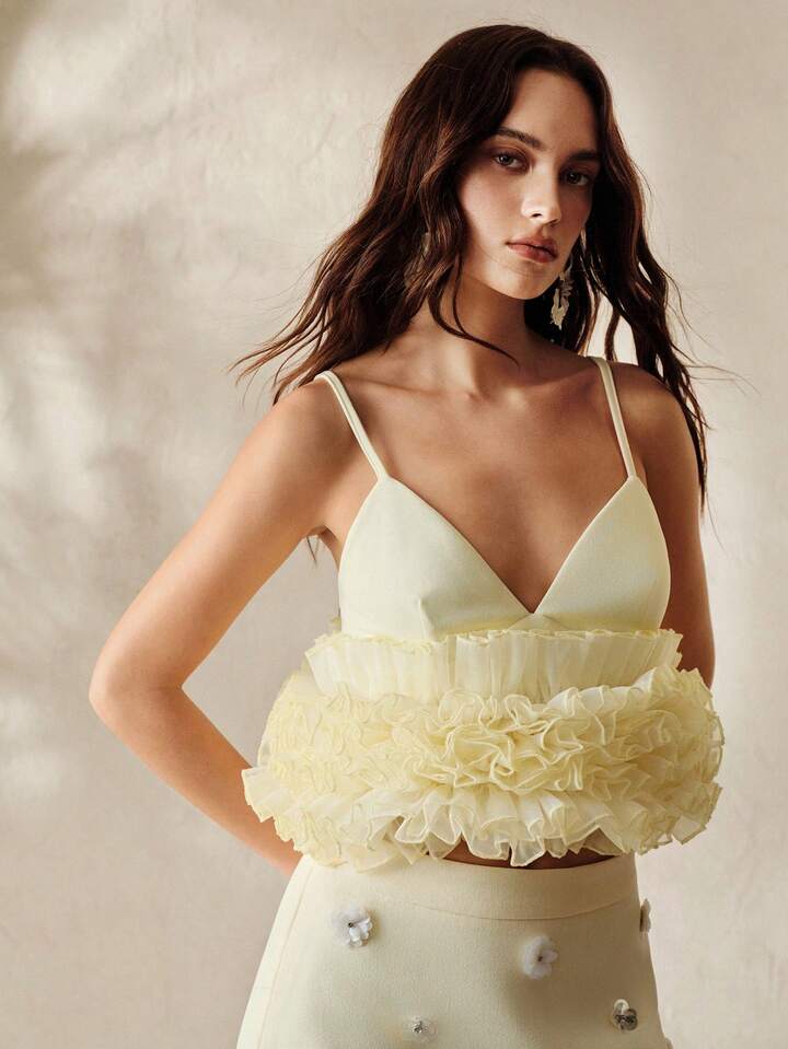 CM-TS564794 Women Elegant Seoul Style Solid Color Knit Patchwork Multi-Layer Ruffle Organza Camisole Top - Light Yellow