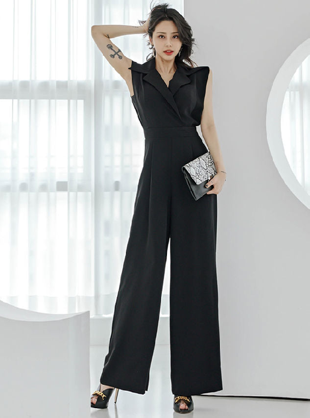 CM-JF042202 Women Elegant Seoul Style High Waist Tailored Collar Wide-Leg Long Jumpsuit