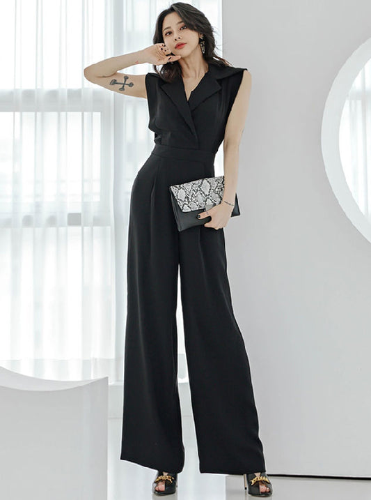 CM-JF042202 Women Elegant Seoul Style High Waist Tailored Collar Wide-Leg Long Jumpsuit
