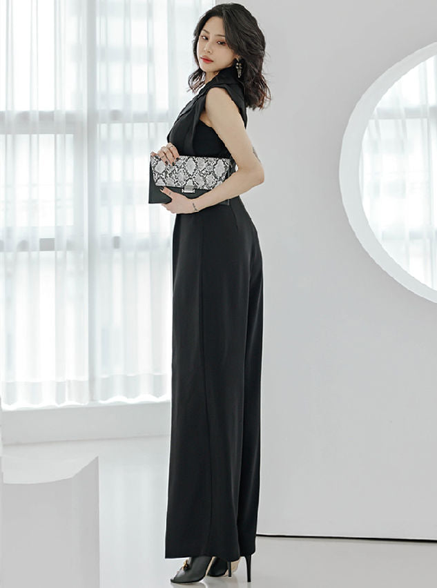 CM-JF042202 Women Elegant Seoul Style High Waist Tailored Collar Wide-Leg Long Jumpsuit