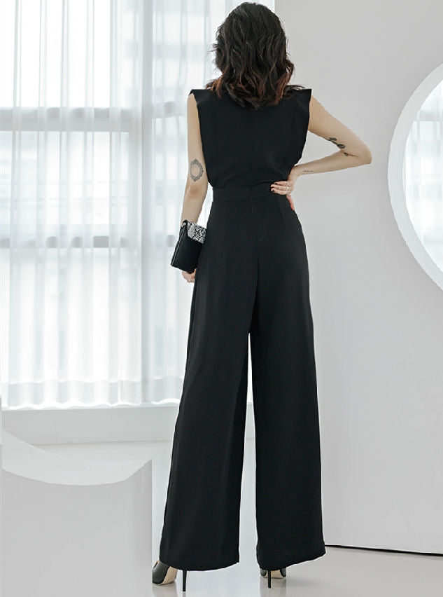 CM-JF042202 Women Elegant Seoul Style High Waist Tailored Collar Wide-Leg Long Jumpsuit