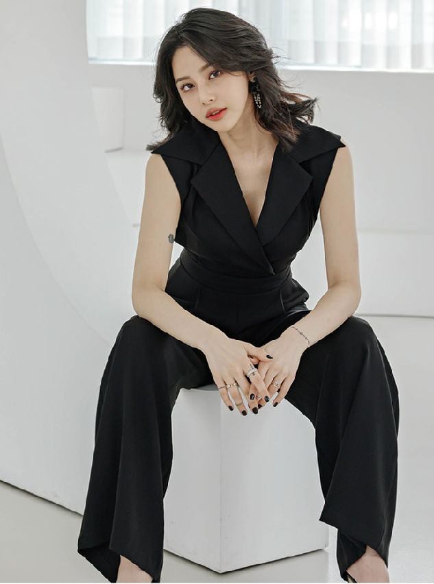 CM-JF042202 Women Elegant Seoul Style High Waist Tailored Collar Wide-Leg Long Jumpsuit
