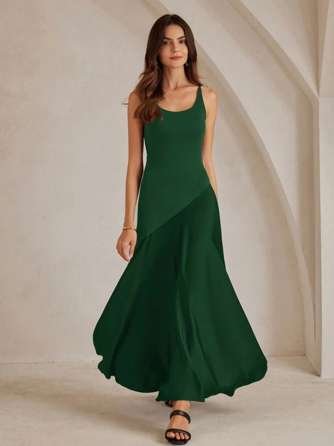 CM-DS289049 Women Elegant Seoul Style Solid Color Minimalist Spaghetti Strap Maxi A-Line Dress - Green