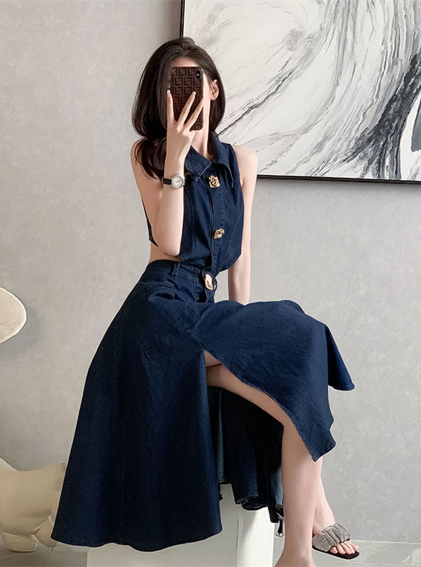 CM-DF042401 Women Preppy Seoul Style Single-Breasted Split Backless Denim Dress