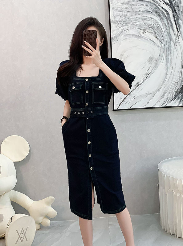 CM-DF042404 Women Preppy Seoul Style Single-Breasted Square Collar Slim Denim Dress