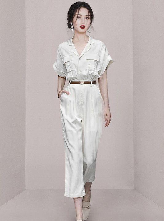 CM-JF042708 Women Elegant Seoul Style High Waist Shirt Collar Casual Long Jumpsuit - White