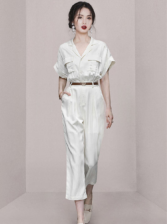 CM-JF042708 Women Elegant Seoul Style High Waist Shirt Collar Casual Long Jumpsuit - White