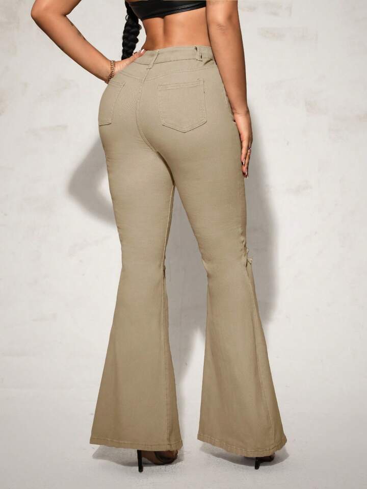 CM-BS938328 Women Casual Seoul Style Solid Color Frayed Hem Skinny Flared Jeans - Khaki
