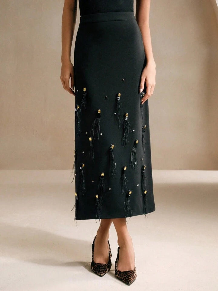 CM-BS606440 Women Elegant Seoul Style Beaded And Rhinestone Decor Feather A-Line Skirt - Black