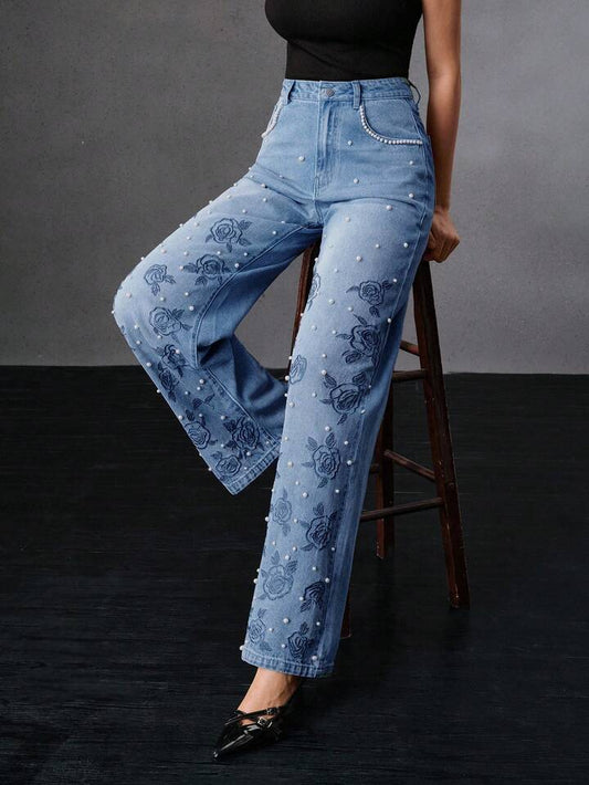 CM-BS039013 Women Elegant Seoul Style Mid Waist Embroidered Straight Leg Jeans - Blue