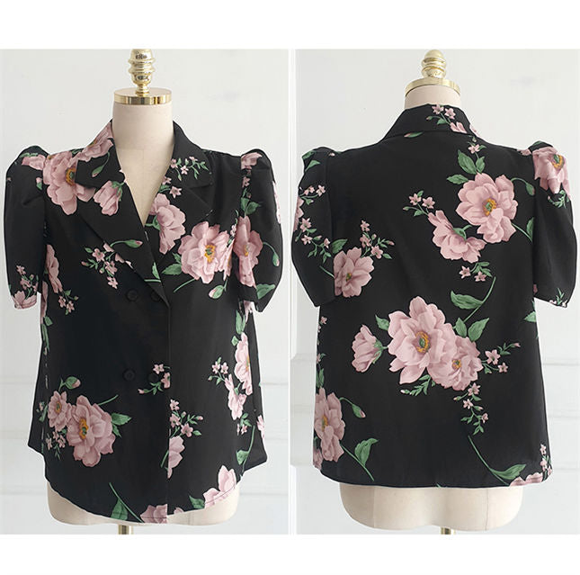 CM-SF050513 Women Elegant Seoul Style Tailored Collar Floral Blouse With Slim Long Skirt - Set