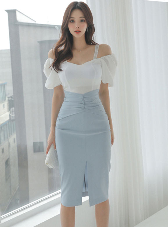 CM-SF050514 Women Elegant Seoul Style Boat Neck Puff Sleeve Blouse With Split Midi Skirt - Set