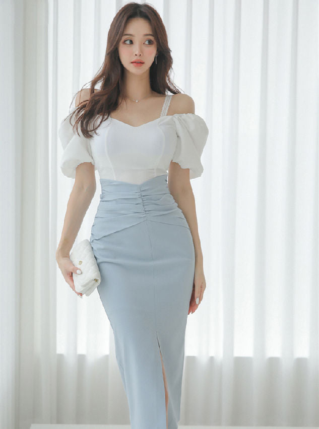 CM-SF050514 Women Elegant Seoul Style Boat Neck Puff Sleeve Blouse With Split Midi Skirt - Set