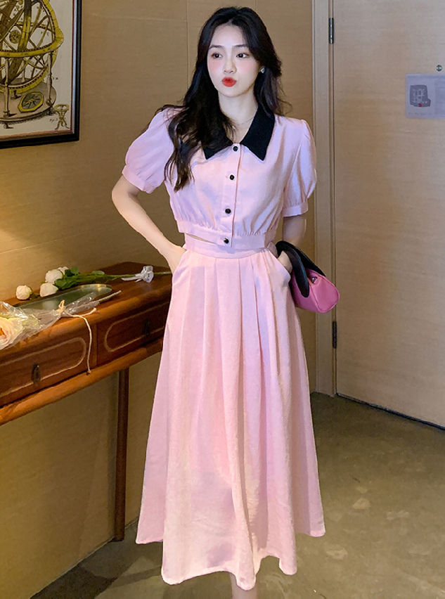 CM-SF050531 Women Casual Seoul Style Doll Collar High Waist Puff Sleeve Dress Set