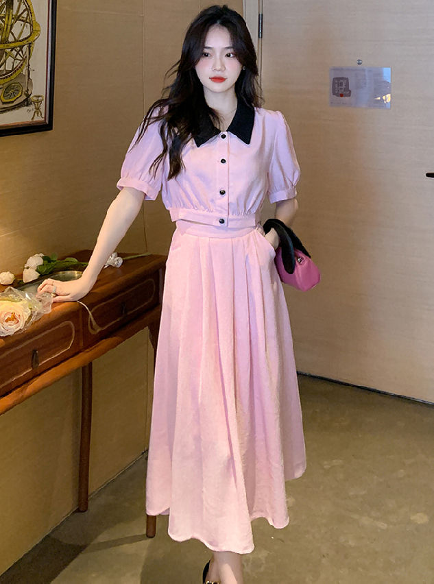 CM-SF050531 Women Casual Seoul Style Doll Collar High Waist Puff Sleeve Dress Set