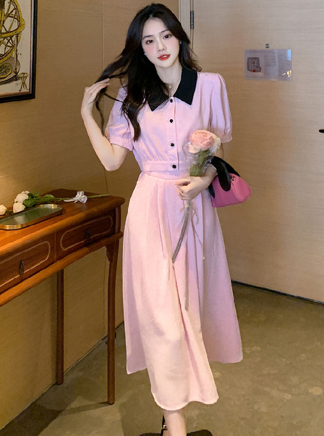 CM-SF050531 Women Casual Seoul Style Doll Collar High Waist Puff Sleeve Dress Set