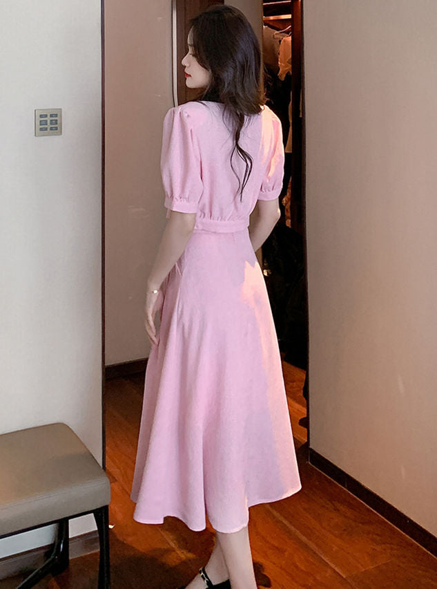 CM-SF050531 Women Casual Seoul Style Doll Collar High Waist Puff Sleeve Dress Set