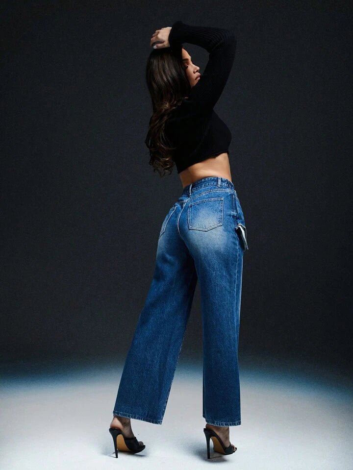 CM-BS571430 Women Casual Seoul Style Medium Wash Layered Waist Double Pocket Jeans
