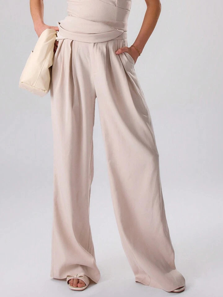 CM-BS666566 Women Casual Seoul Style Woven Tailored Straight Leg Trousers - Apricot