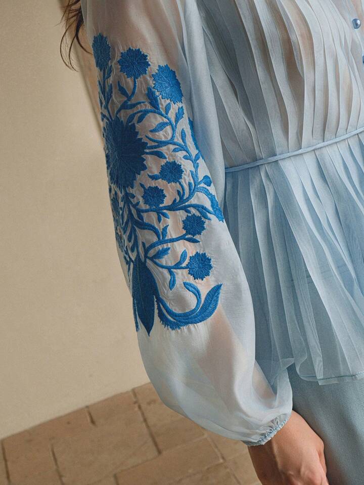 CM-TS389017 Women Elegant Seoul Style Stand Collar Long Sleeve Pleated Embroidered Tie Waist Blouse - Baby Blue