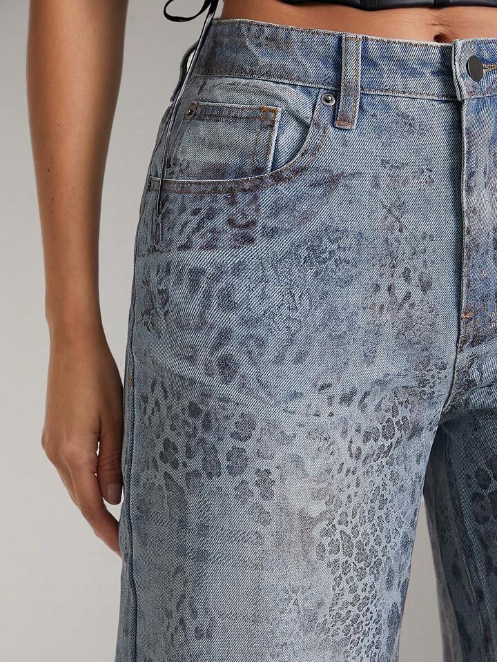 CM-BS802901 Women Casual Seoul Style Leopard Plaid Foil Print High Waist Wide Leg Denim Jeans