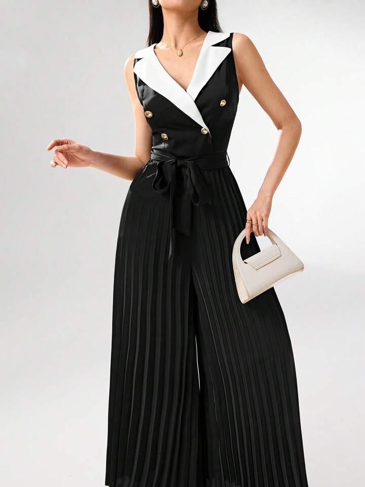 CM-JS023123 Women Elegant Seoul Style Lapel Neckline Sleeveless High Waist Pleated Jumpsuit - Black