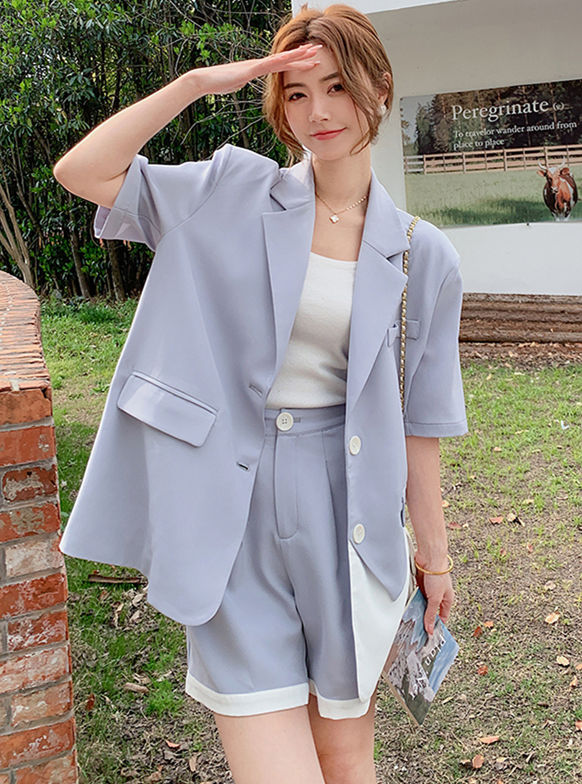 CM-SF051020 Women Elegant Seoul Style Color Block Tailored Collar Loosen Short Suits