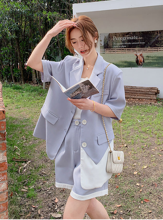 CM-SF051020 Women Elegant Seoul Style Color Block Tailored Collar Loosen Short Suits