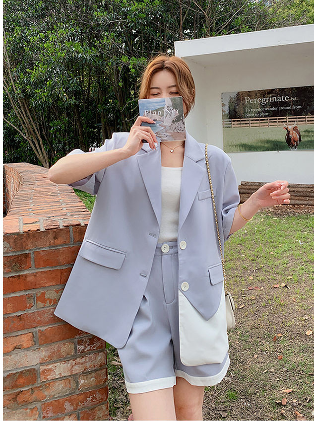 CM-SF051020 Women Elegant Seoul Style Color Block Tailored Collar Loosen Short Suits