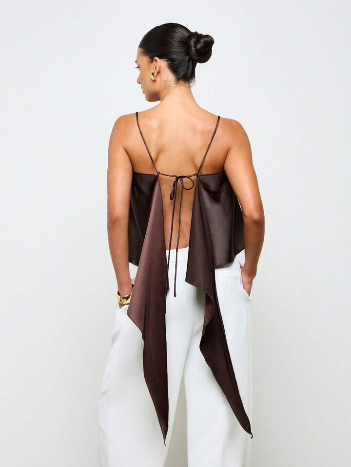 CM-TS962740 Women Casual Seoul Style Satin Spaghetti Strap Drape Backless Top - Coffee Brown
