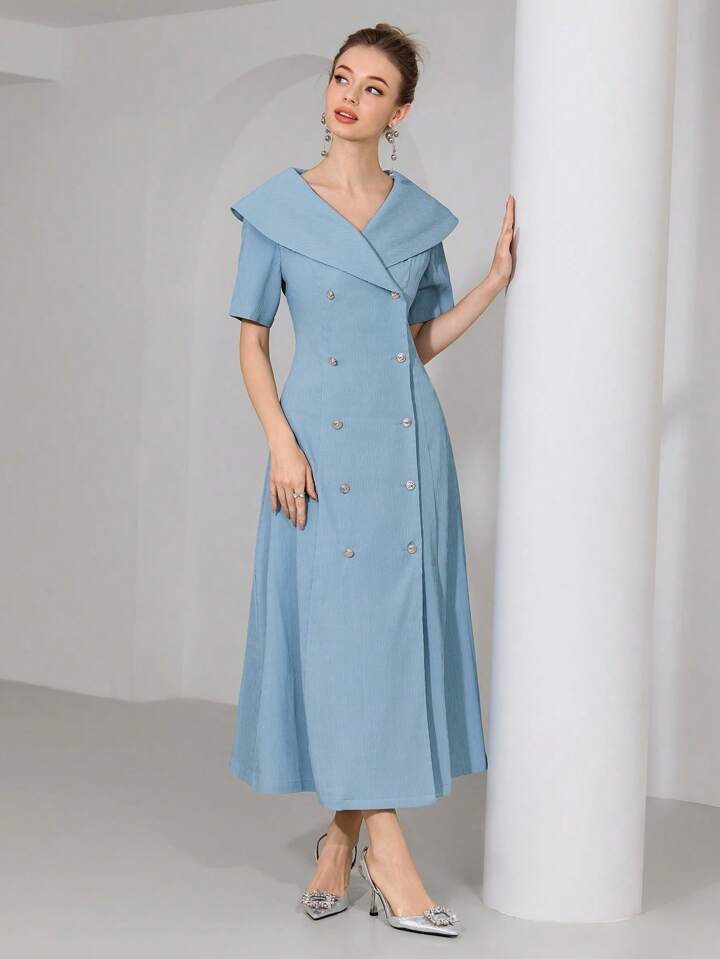 CM-DS665616 Women Elegant Seoul Style Solid Color Lapel Neckline Double-Breasted Short Sleeve Long Dress - Blue