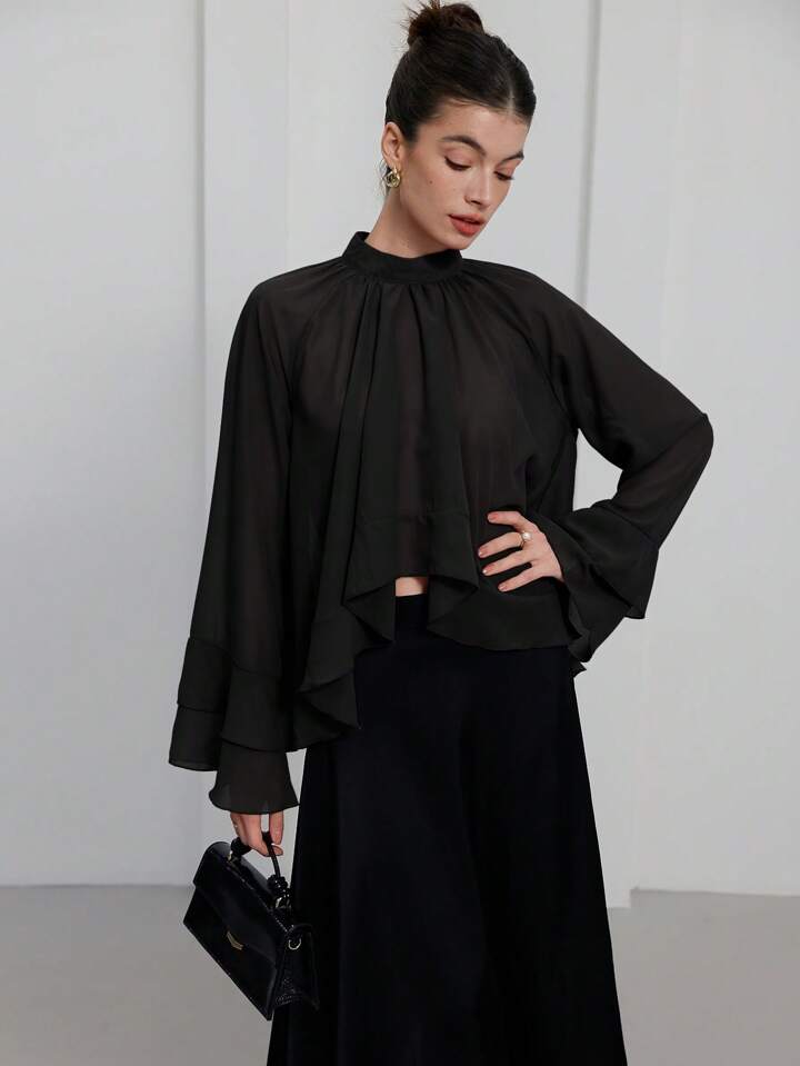 CM-TS617386 Women Casual Seoul Style Stand Collar Long Sleeve Chiffon Cascading Ruffled Blouse - Black