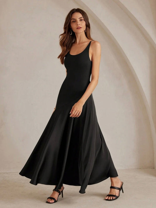 CM-DS475985 Women Elegant Seoul Style Solid Color Minimalist Spaghetti Strap Maxi A-Line Dress - Black