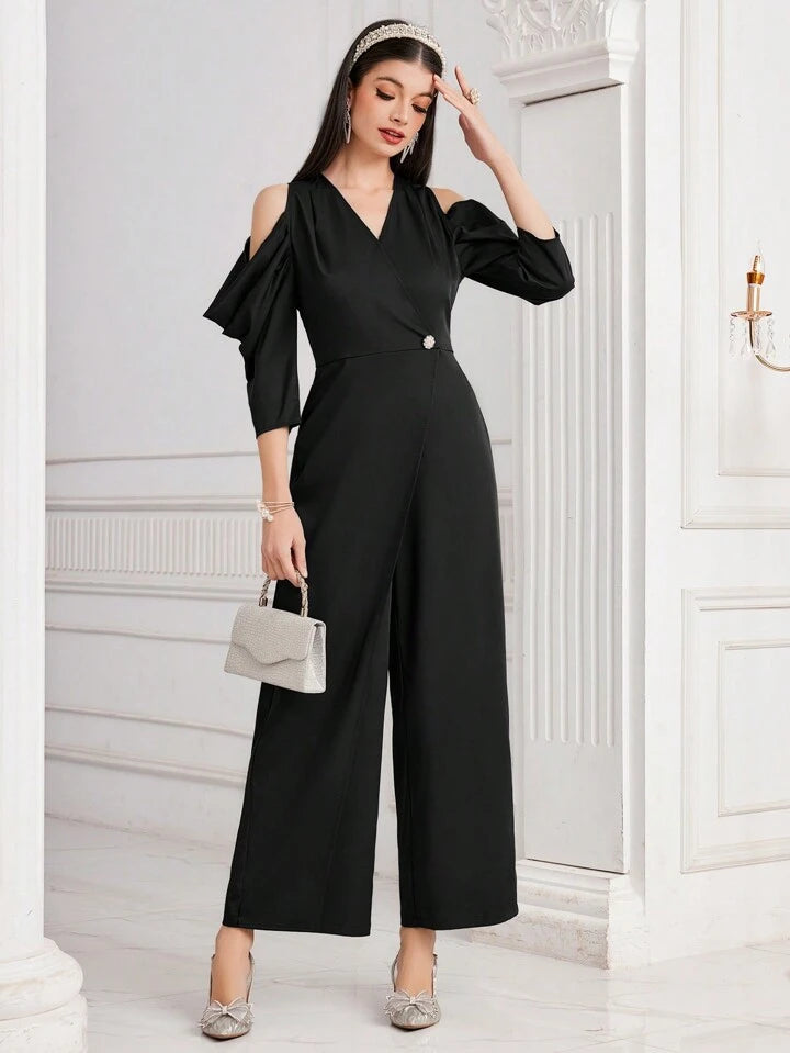 CM-JS435566 Women Elegant Seoul Style V-Neck Off Shoulder Half Sleeve Jumpsuit - Black