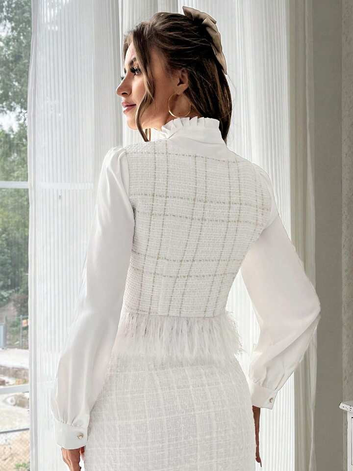 CM-TS785705 Women Elegant Seoul Style Plaid Pattern Fringe Hem Button 2 In 1 Blouse - White