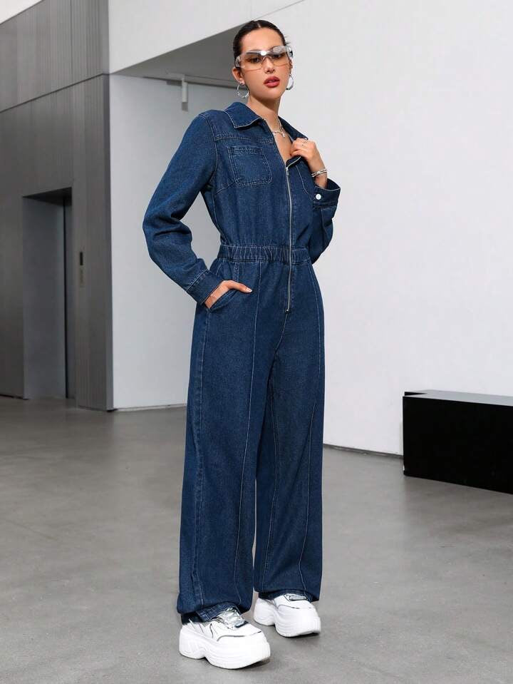 CM-JS153157 Women Casual Seoul Style Collar Neckline Front Zipper Denim Jumpsuit - Blue