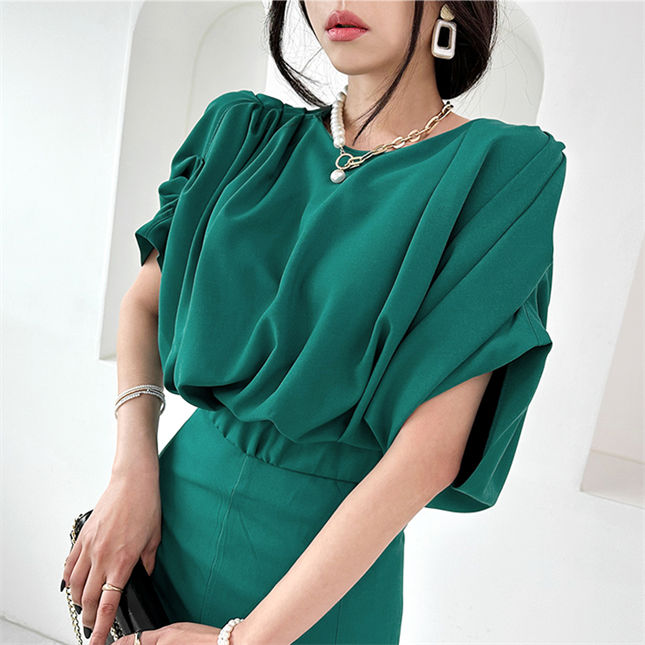 CM-SF051506 Women Casual Seoul Style Puff Sleeve Batwing Blouse With Fishtail Skirt - Set