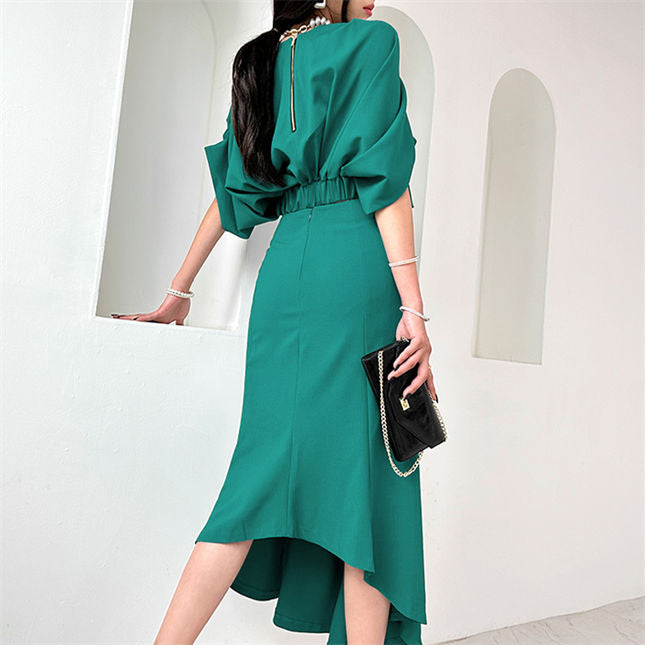 CM-SF051506 Women Casual Seoul Style Puff Sleeve Batwing Blouse With Fishtail Skirt - Set