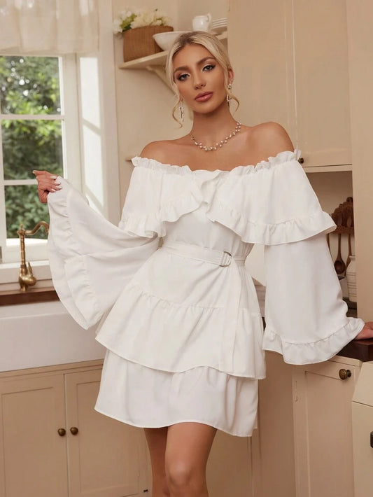 CM-DS733783 Women Trendy Bohemian Style One Shoulder Ruffle Trim Flared Sleeve Mini Dress