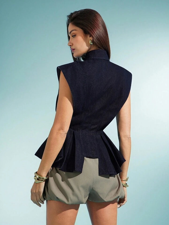 CM-TS161040 Women Elegant Seoul Style Dark Wash Collared Sleeveless Button Down Denim Top