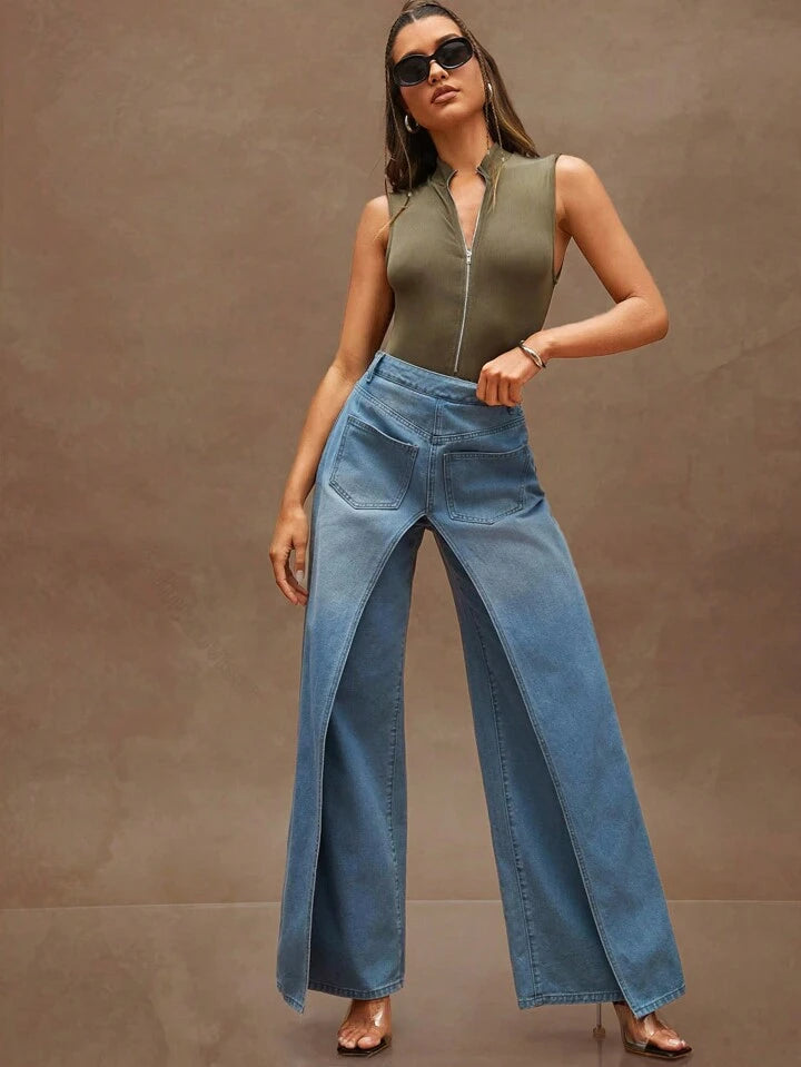 CM-BS954292 Women Casual Seoul Style Medium Wash Loose Fit Pocket Covered Wide Leg Jeans