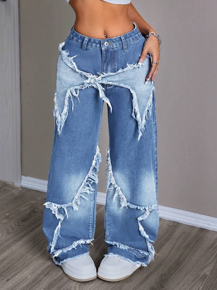 CM-BS141724 Women Casual Seoul Style Medium Wash Fringed Mom Fit Wide Leg Jeans