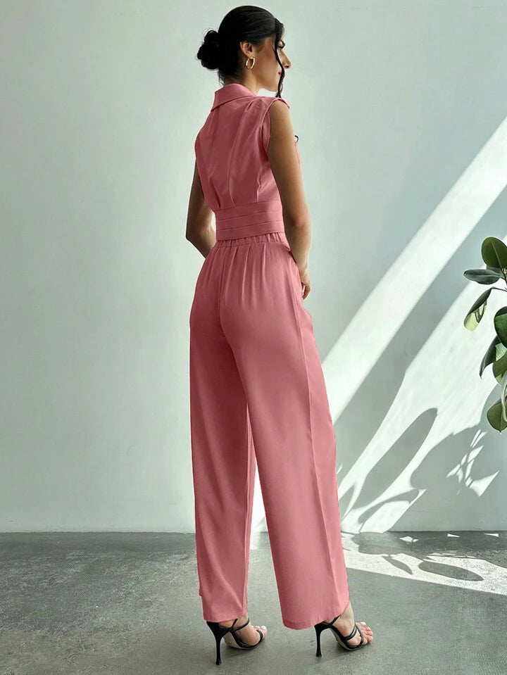 CM-SS413641 Women Elegant Seoul Style Collared Fitted Cap Sleeve Shirt With Straight-Leg Pants Suit - Dusty Pink