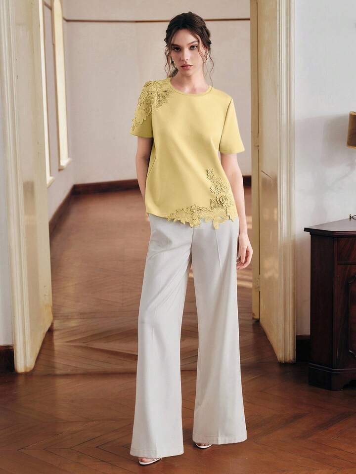 CM-TS332464 Women Elegant Seoul Style Round Neck Short Sleeve Lace Patchwork 3D Embroidered Floral Knit T-Shirt - Yellow