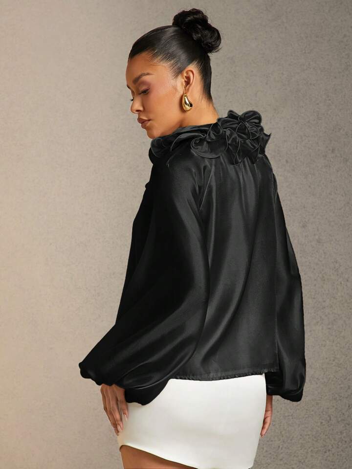 CM-TS753025 Women Elegant Seoul Style Solid Color Ruffle Trim Tie Neck Lantern Sleeve Blouse - Black