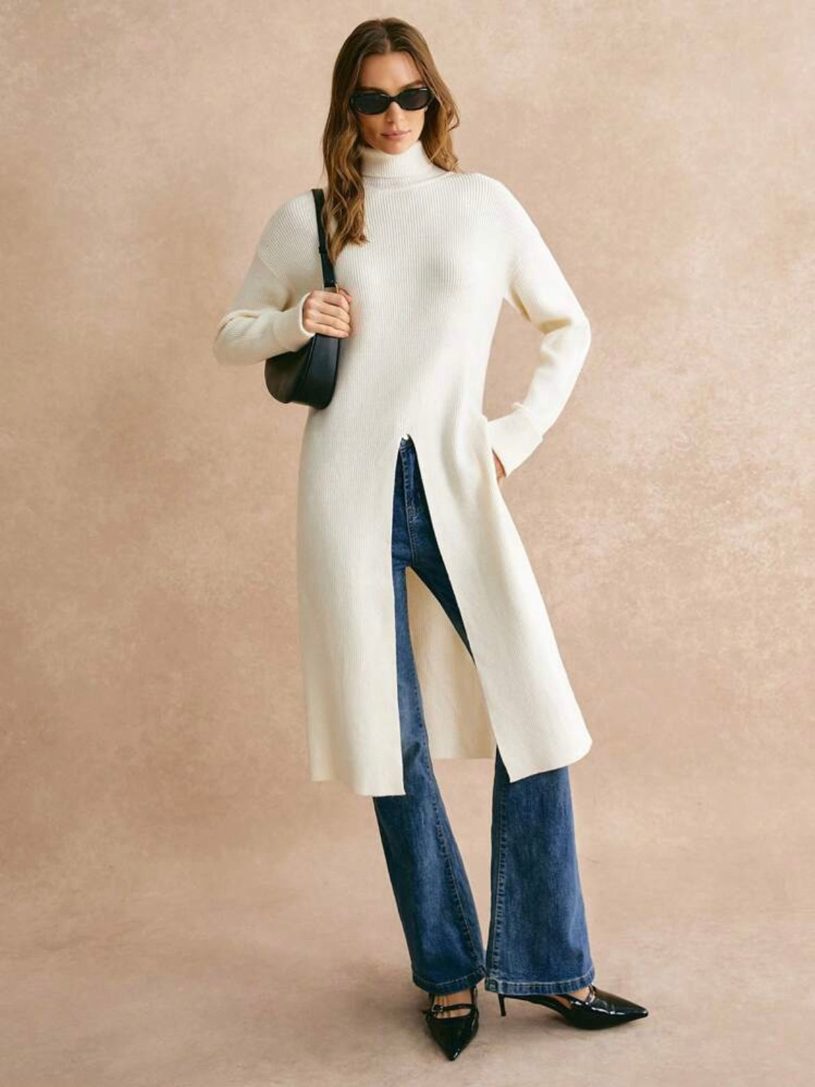 CM-CS884286 Women Casual Seoul Style Turtleneck Slit Dropp Shoulder Long Sleeve Split Hem Sweater