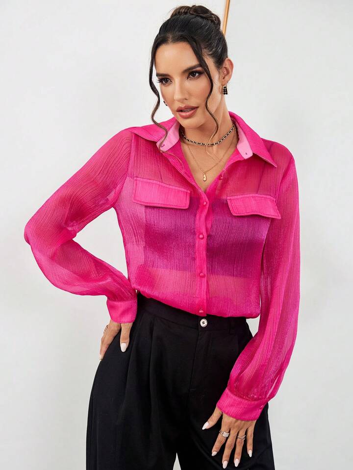 CM-TS185655 Women Casual Seoul Style Collar Neckline Sheer See-Through Long Sleeve Shirt