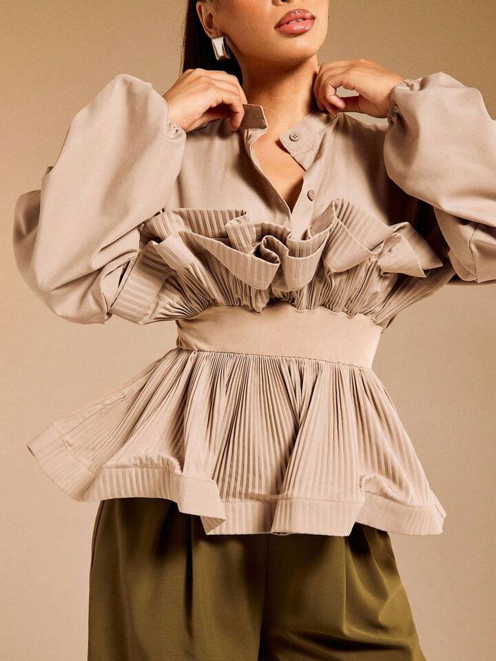 CM-TS852003 Women Elegant Seoul Style Stand Collar 3/4 Sleeve Ruffle Peplum Balloon Sleeve Woven Top - Khaki