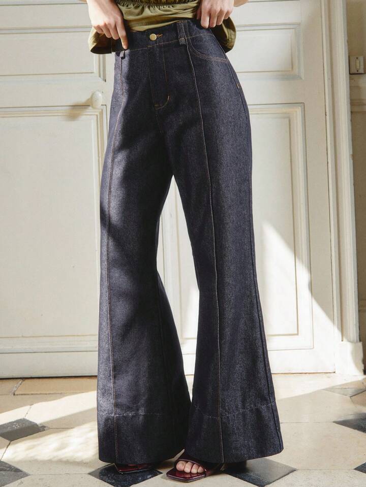 CM-BS339601 Women Casual Seoul Style Dark Wash Seam Front Detail High Waist Flare Denim Jeans